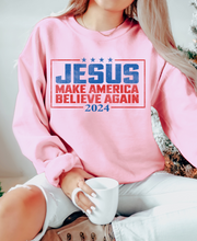 Load image into Gallery viewer, MAKE AMERICA BELIEVE AGAIN 2024 JESUS CREWNECK SWEATSHIRT
