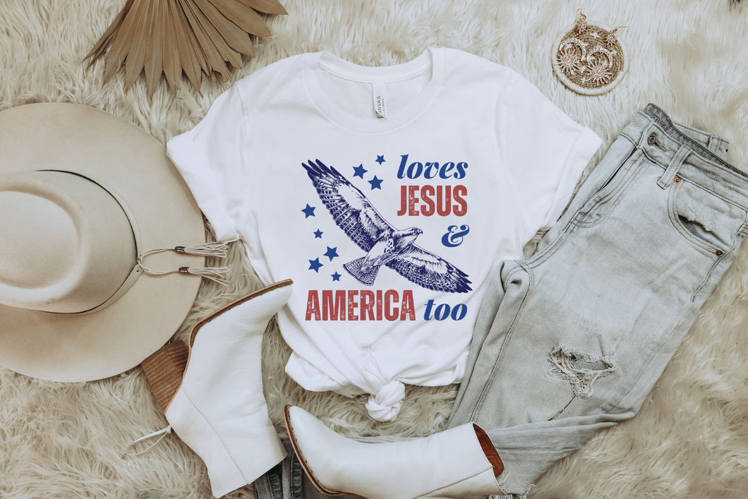 LOVES JESUS AND AMERICA TOO ADULT GRAPHIC TEE