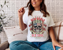 Load image into Gallery viewer, LIVING IN A NEW WORLD WITH AN OLD SOUL SKULL VINTAGE GRAPHIC TEE
