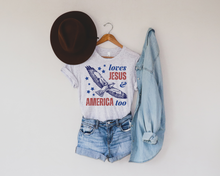 Load image into Gallery viewer, LOVES JESUS AND AMERICA TOO ADULT GRAPHIC TEE
